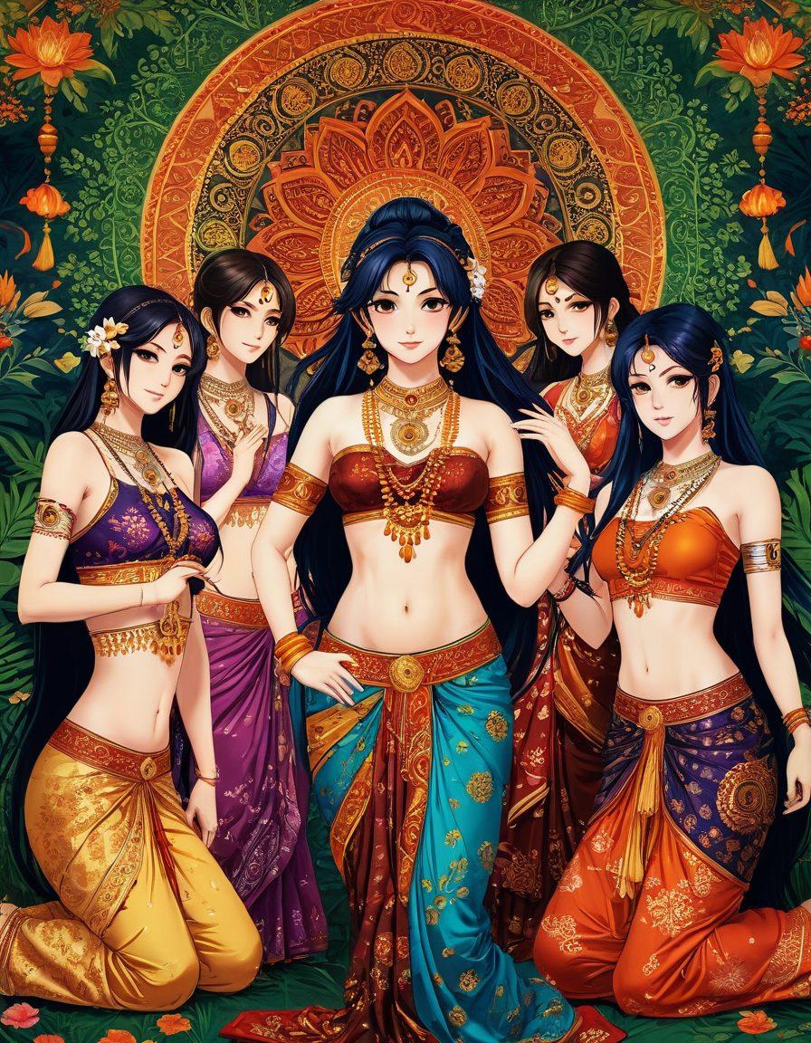 An intricate blend of erotic anime characters interwoven with elements of Indian culture, featuring traditional motifs like paisleys and mandalas. The background showcases a vibrant landscape with alluring colors, symbolizing the fusion of deep cultural roots and modern animation. Ensure the characters display expressive emotions, capturing the essence of hentai art while remaining respectful to the depicted culture. Add subtle hints of light moisture to create an enchanting atmosphere. highly detailed, vibrant colors, digital painting.