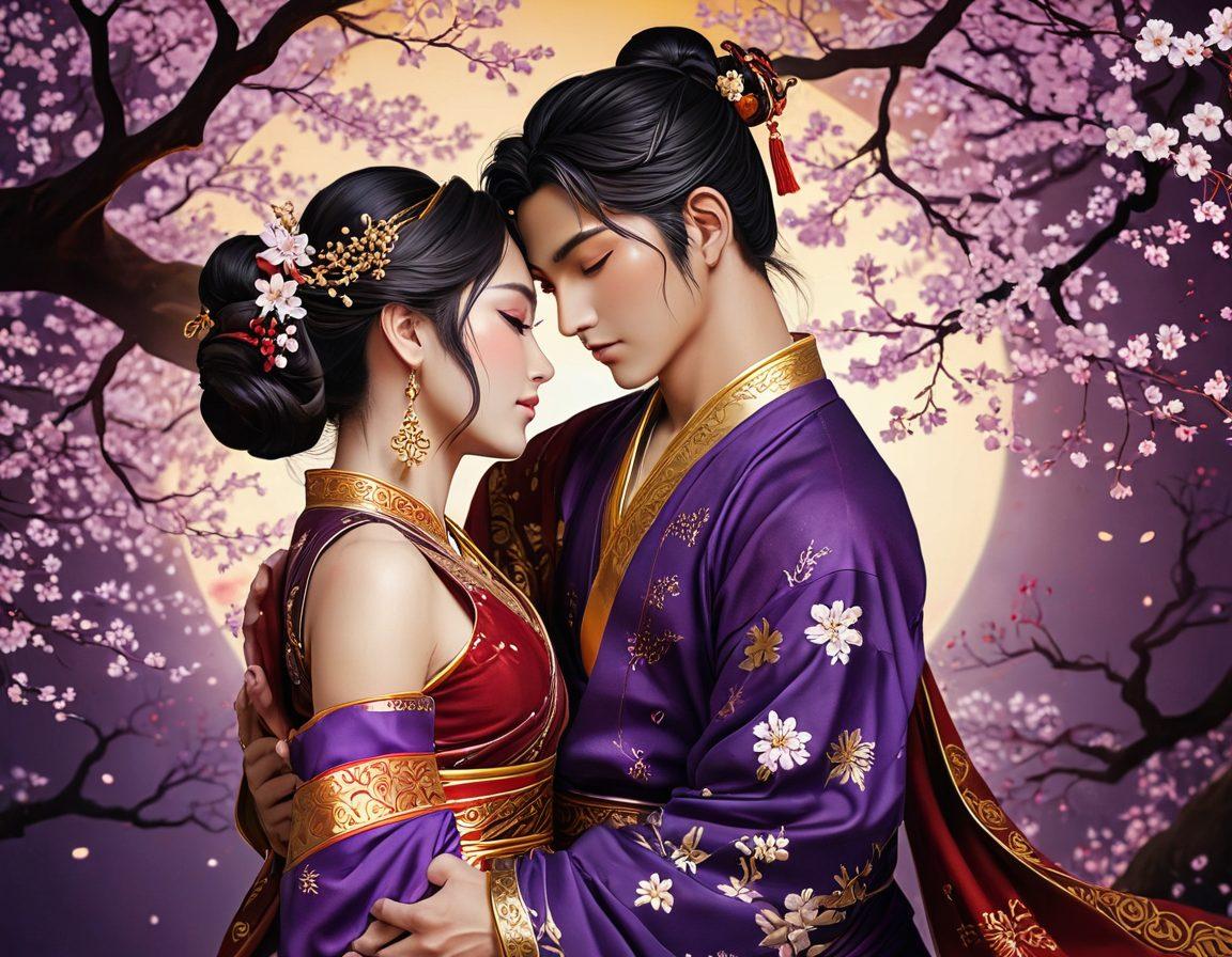 A captivating blend of traditional Asian art and contemporary anime style, featuring symbolic elements from both cultures reflecting themes of allure and intimacy. Incorporate subtle motifs like cherry blossoms and intricate Indian patterns, merging sensuality and elegance. The background should be a gradient of deep purple and gold, suggesting mystery and depth. Characters should express emotion and connection in a tasteful manner. vibrant colors. super-realistic.
